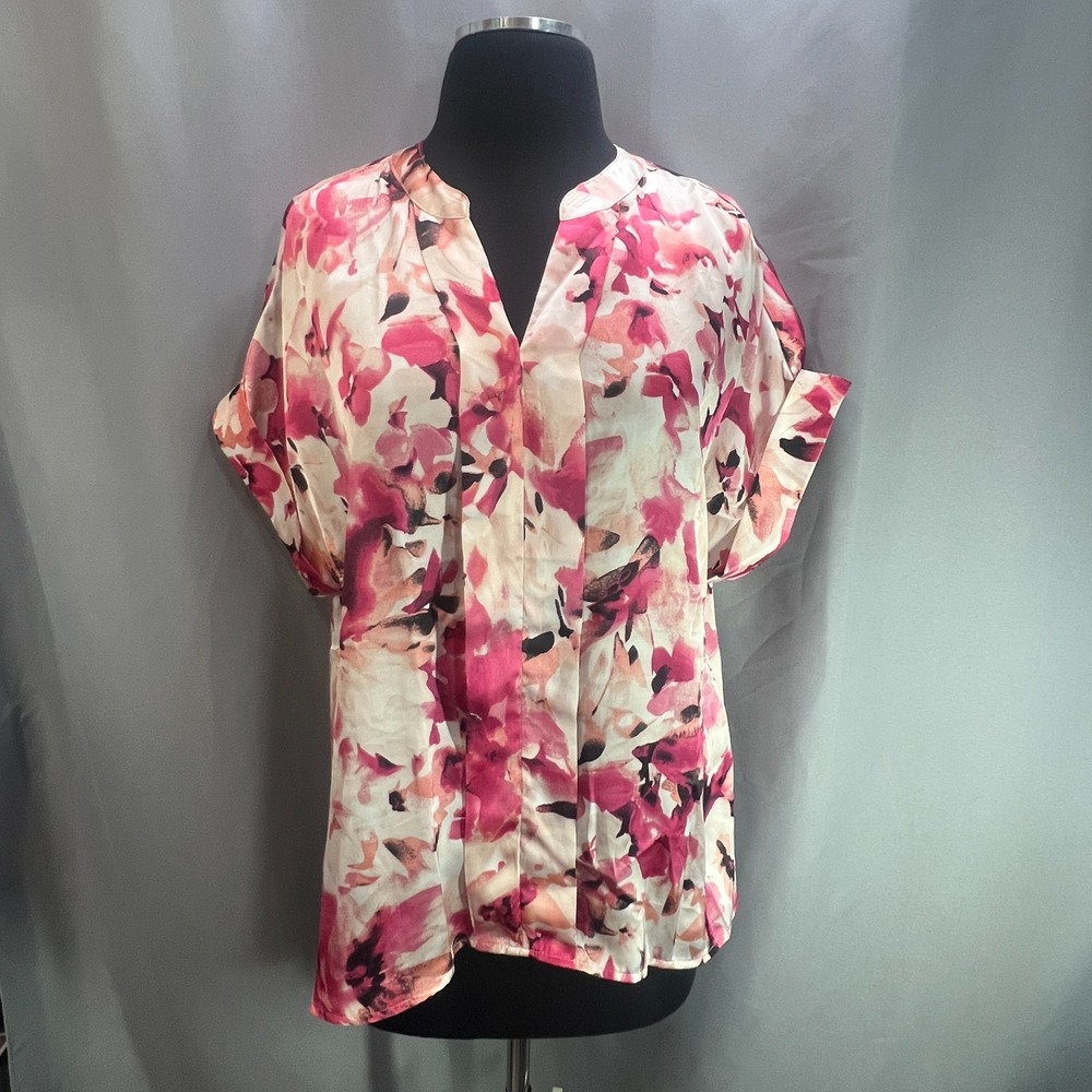 Nine West Short Sleeve Blouse Top Womens L Multicolor Floral V Neck Restore Wear